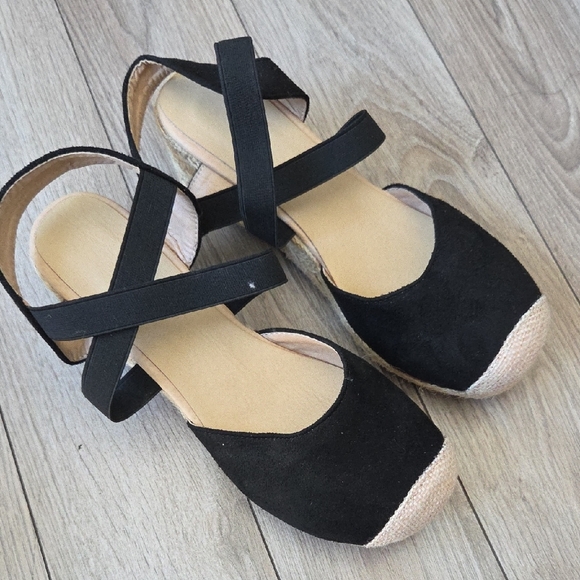 Black Espadrille Wedge Sandals with Ankle Straps 10 - Picture 2 of 8